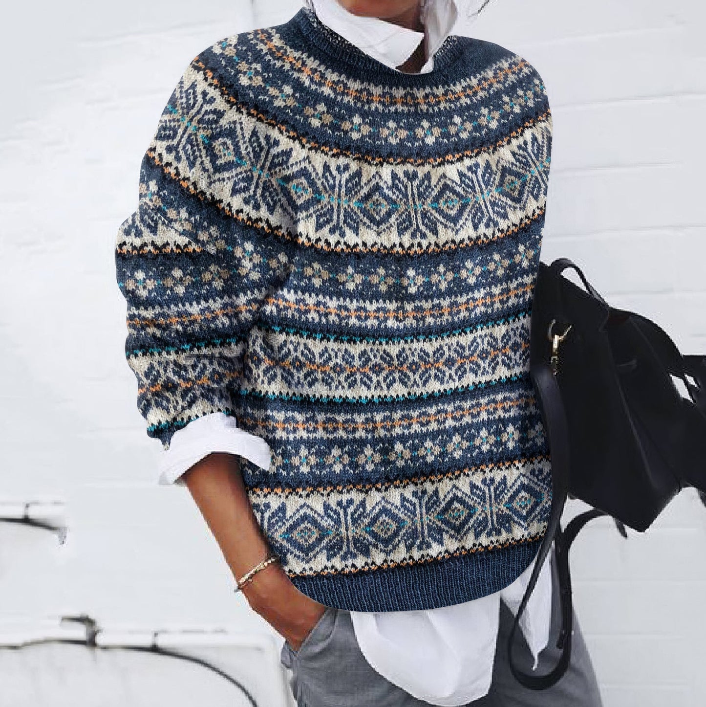 Vintage Fairman Island Snowflake Jacquard Contrast Pattern Sweater elevenforest