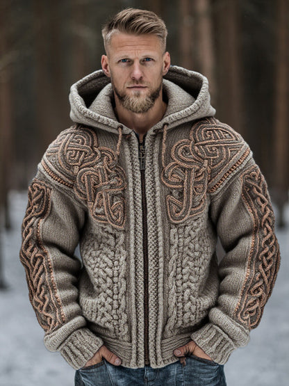 Men's Vintage Viking Celtic Knot Art Chunky Knit Hooded Zip-up Sweater elevenforest