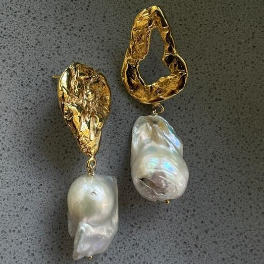 Golden Forged Pearl Earrings