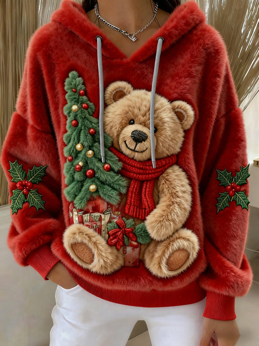 Christmas Tree Bear Art Women's Cozy Plush Hooded Sweater