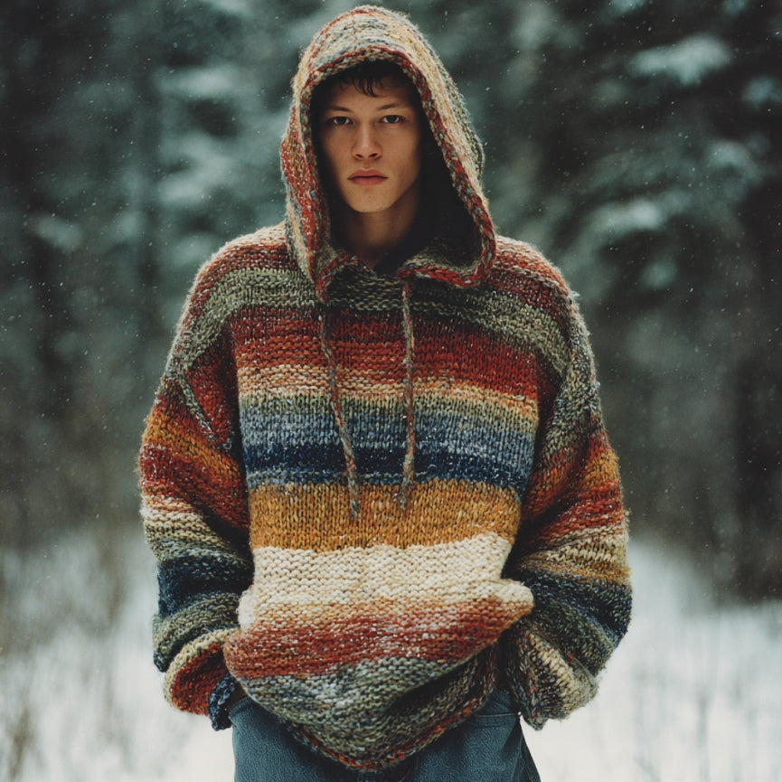 Men's Retro Colorful Striped Art Knit Hooded Sweater elevenforest