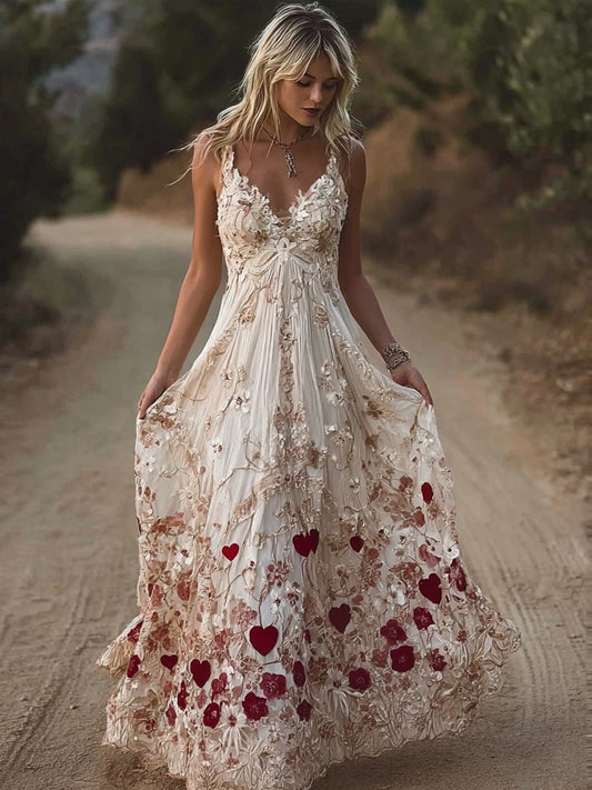 Valentine's Day Hearts & Flowers Embroidered Lace Cami Maxi Dress elevenforest