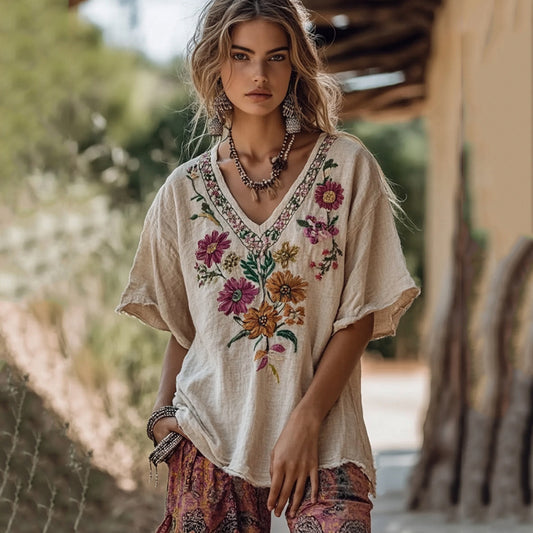 Women's Floral Embroidery V Neck Casual Linen Top elevenforest