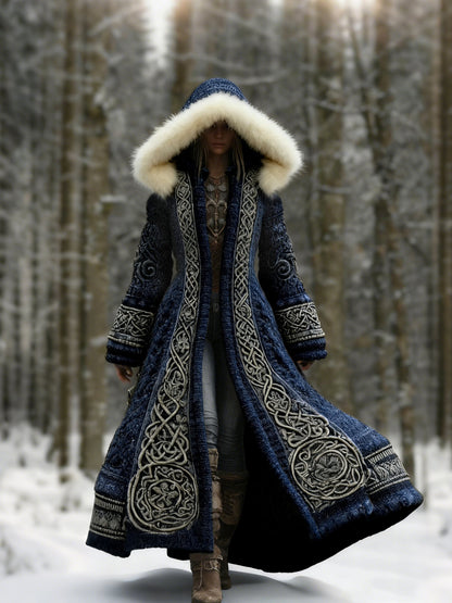 Comstylish Women's Viking Celtic Knot Knitted Jacquard Cozy Fur Trim Hooded Cardigan