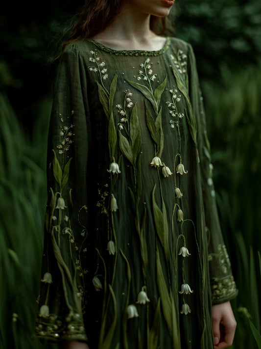 Elegant Lily Of The Valley Embroidered Linen Maxi Dress artswardrobe