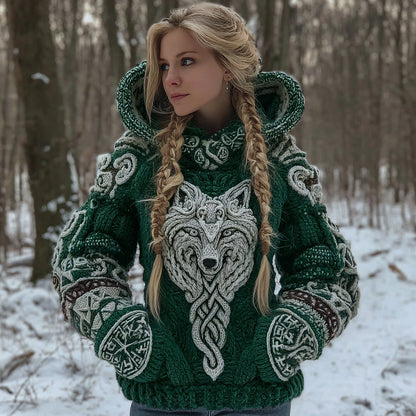 Women's Vintage Viking Wolf Art Knit Hooded Sweater artswardrobe
