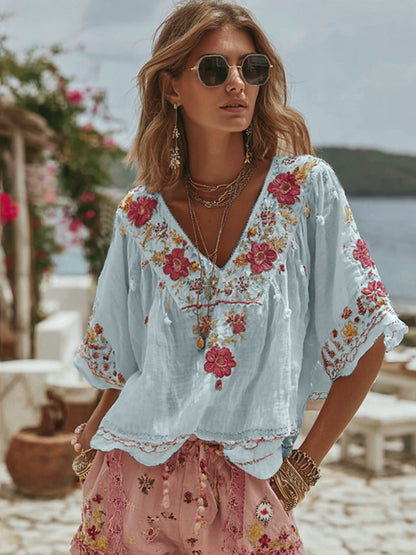 Women's Vintage Floral Art Linen Comfy Shirt artswardrobe
