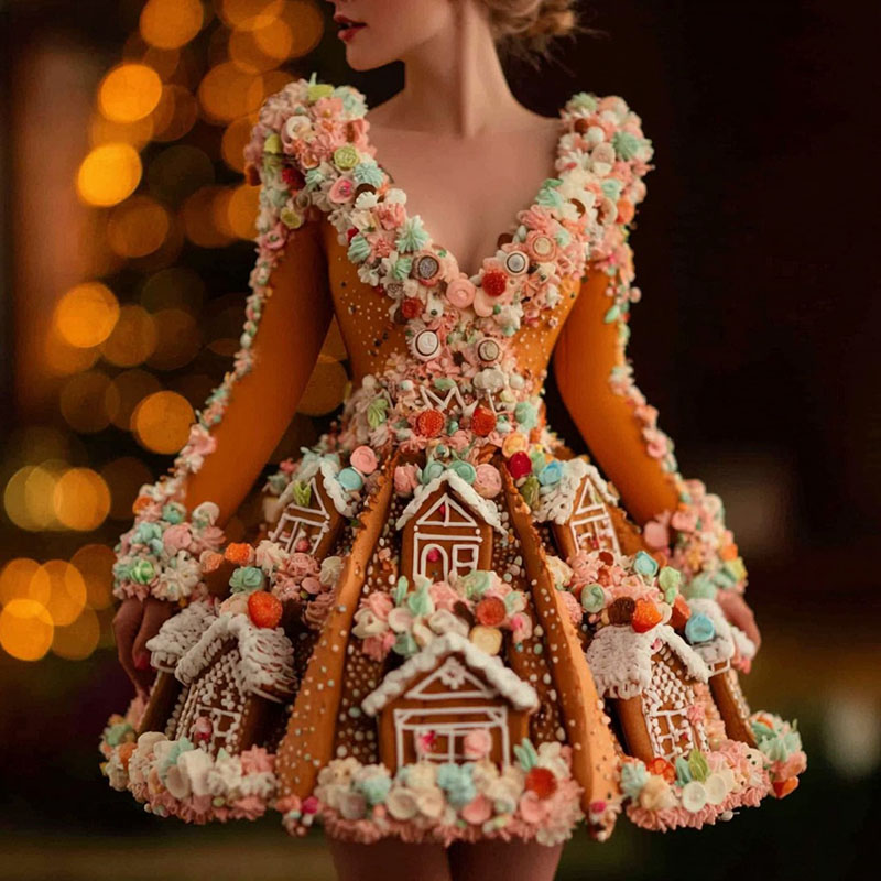 Comstylish Women's Christmas Cottage Themed Pattern V-neck Dress