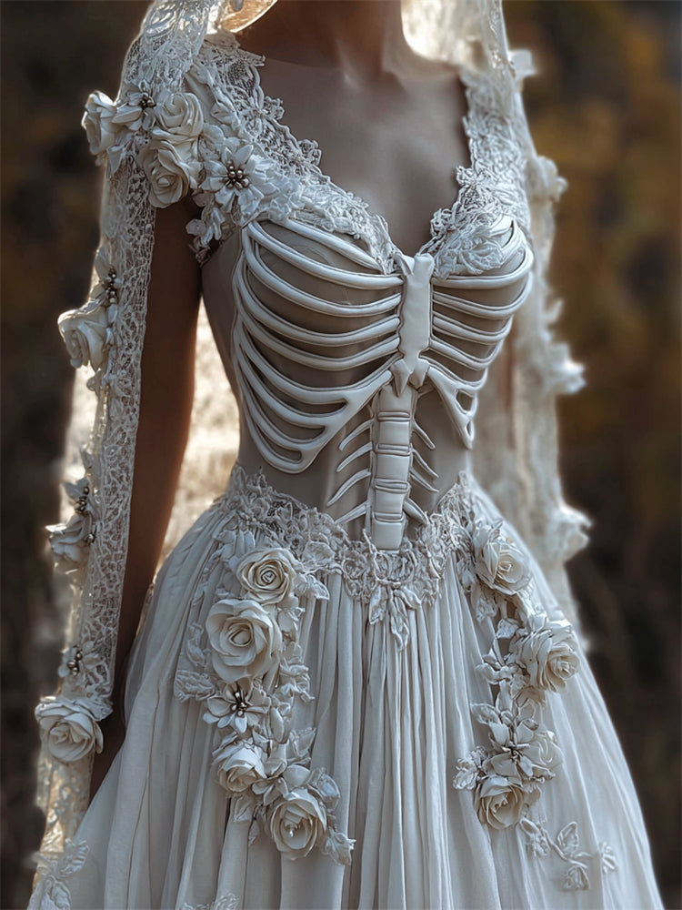 Comstylish Halloween White Roses Skeleton Bridal Linen Maxi Dress