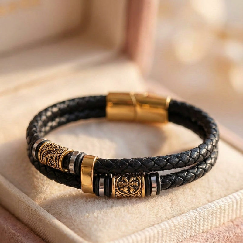 Black Woven Leather & Gold Charm Bracelet