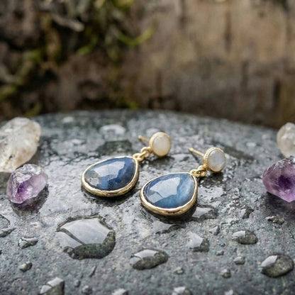 Blue Inlaid Drop Stone Pearl Earrings