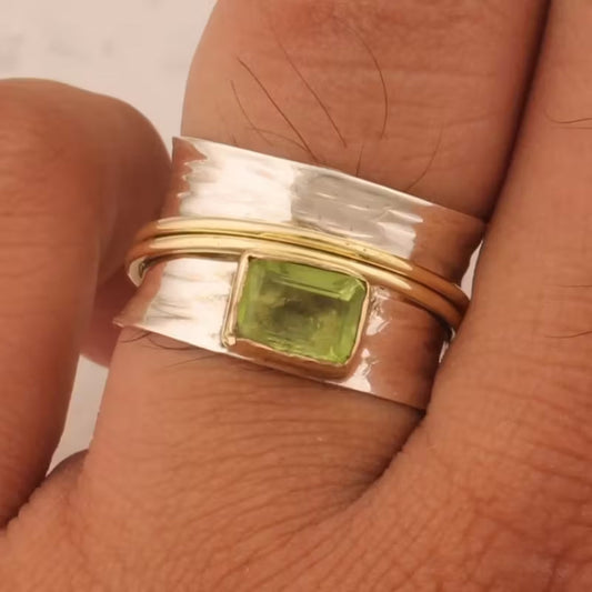 Green Stone Gold & Silver Ring