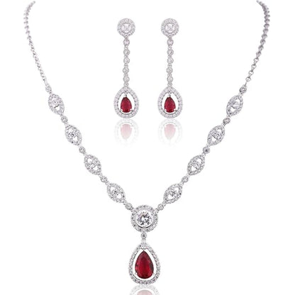 Ruby Halo Necklace And Earrings Set | White Gold
