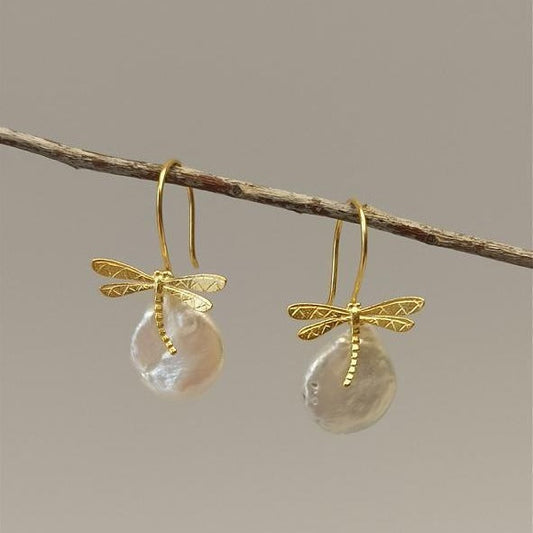 Elegant Dragonfly Pearl Earrings
