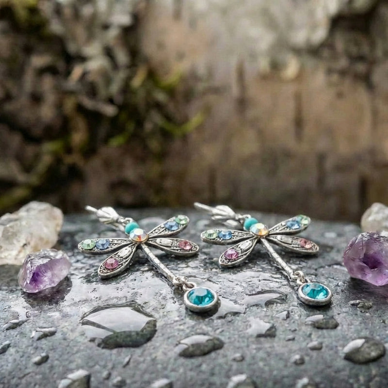 An Elegant Multicolor Crystal Dragonfly Drop Earring Set