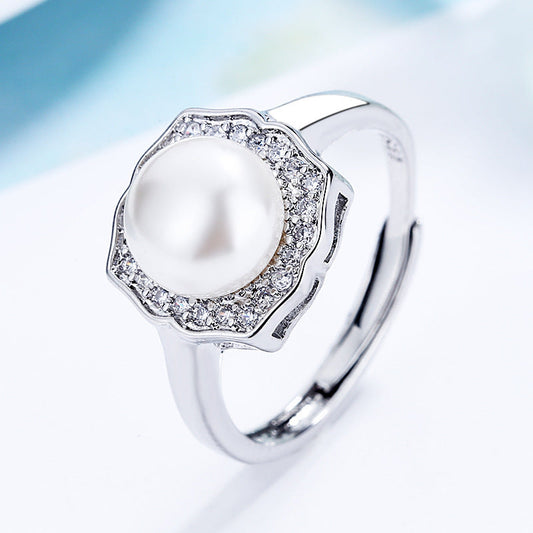 Elegant Octagonal Pearl Silver Ring