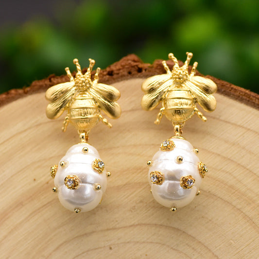 Elegant Pearl Bee Earrings