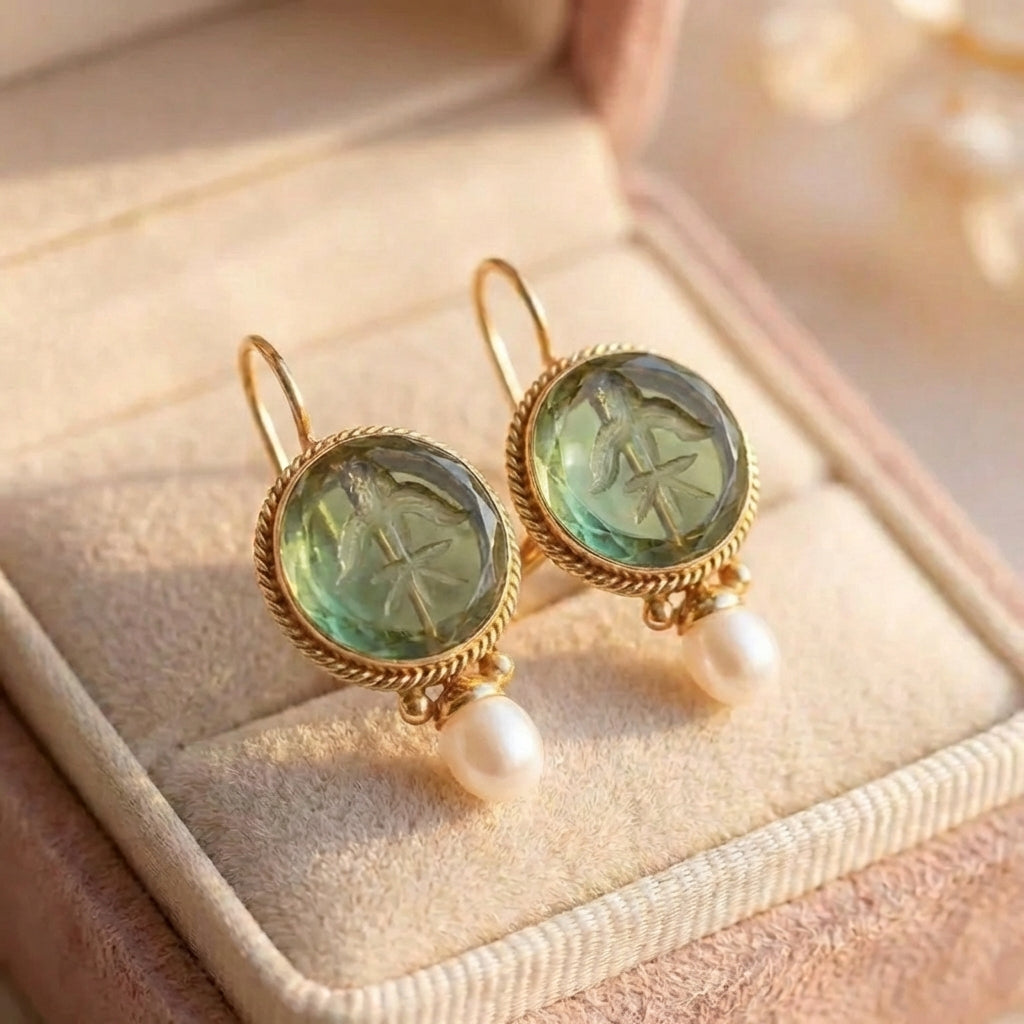 Vintage Rounded Green Stone Pearl Earrings