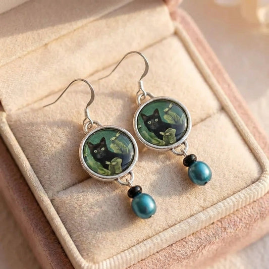 Vintage Round Black Cat Earrings