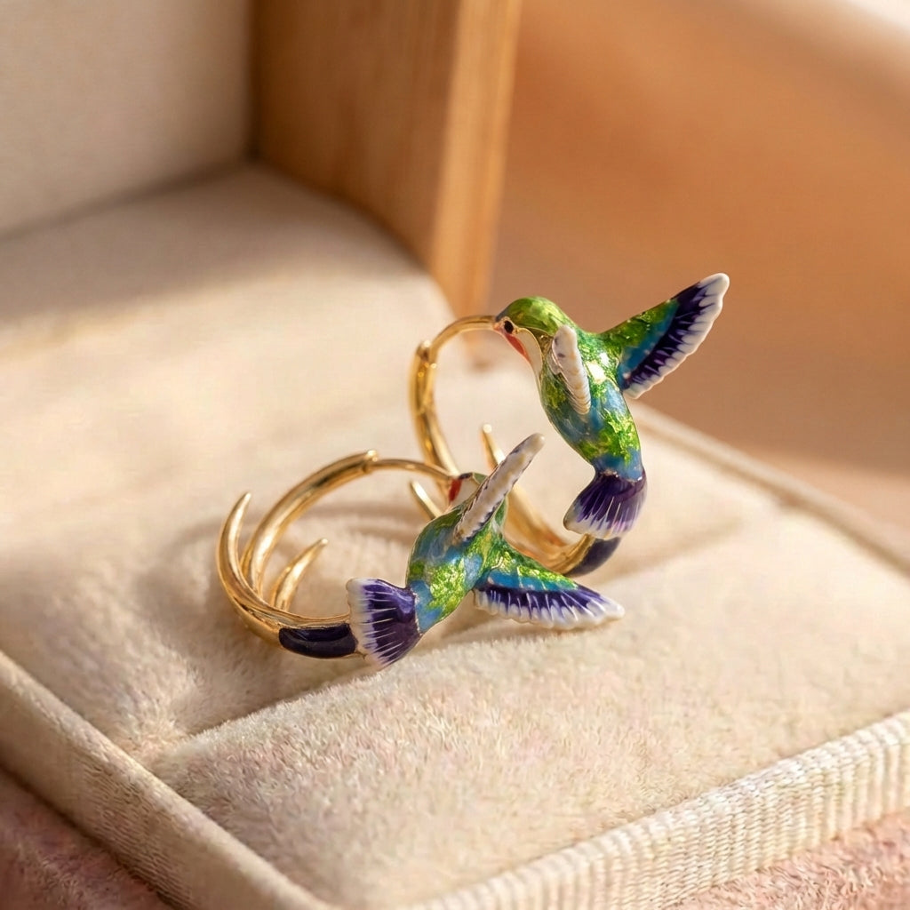 Vintage Enamel Hummingbird Hoop Earrings