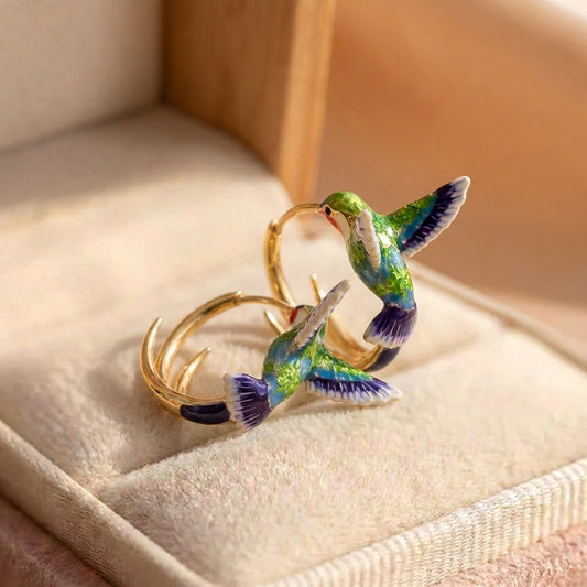 Vintage Enamel Hummingbird Hoop Earrings