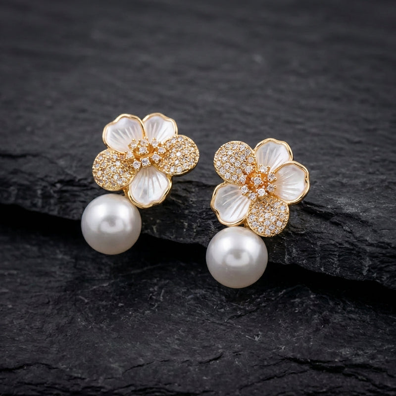 White Camellia Pearl Pendant Earrings
