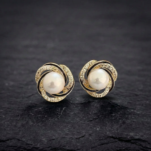 Vintage Zircon Wrapped Flower Pearl Earrings
