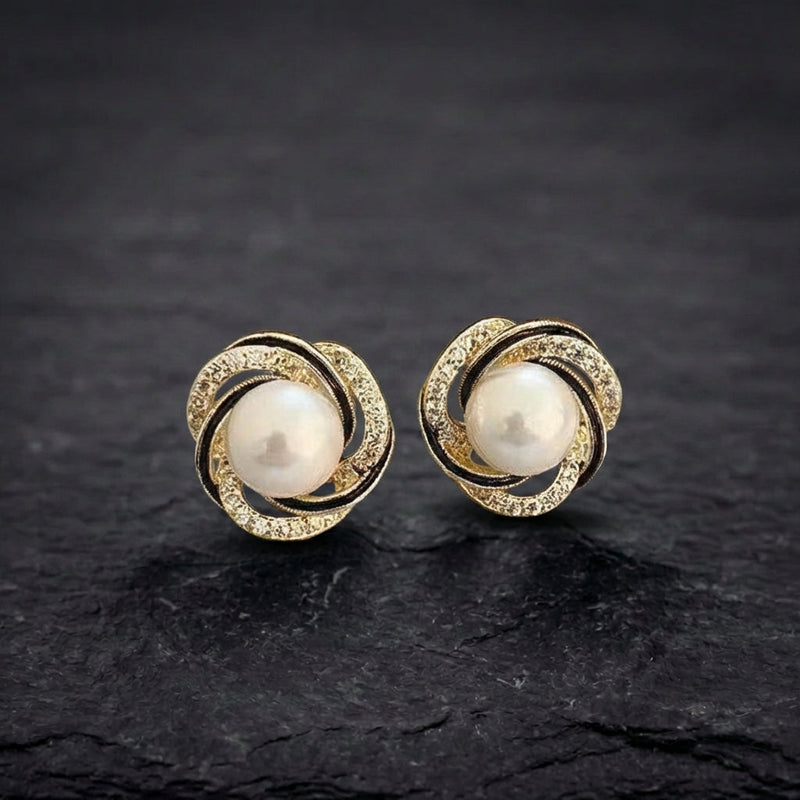 Vintage Zircon Wrapped Flower Pearl Earrings
