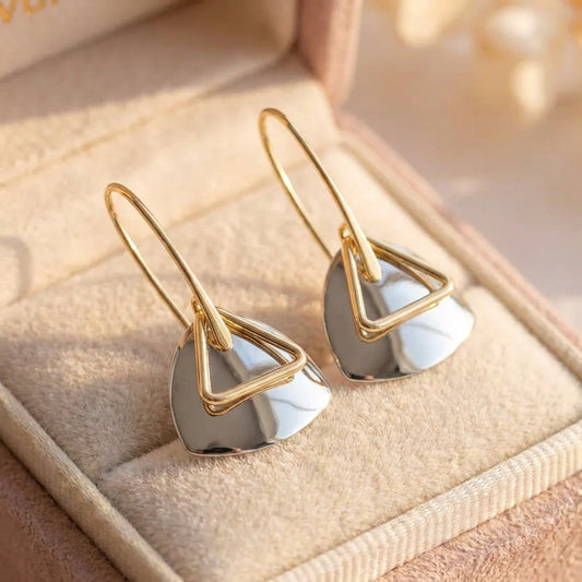 Retro Gold Triangular Silver Pendant & Curved Hook Earrings
