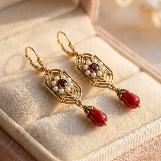 Regal Pearl Red Waterdrop Stone Earrings