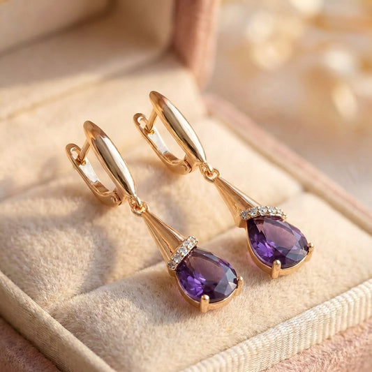 Elegant Purple Zircon Stone Gold Earrings