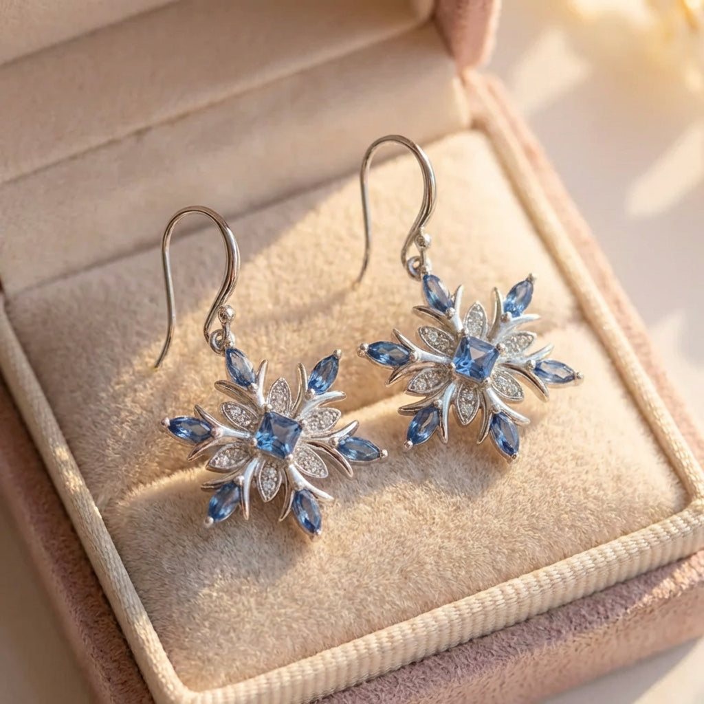 Exquisite White Blue Zircon Snowflake Earrings