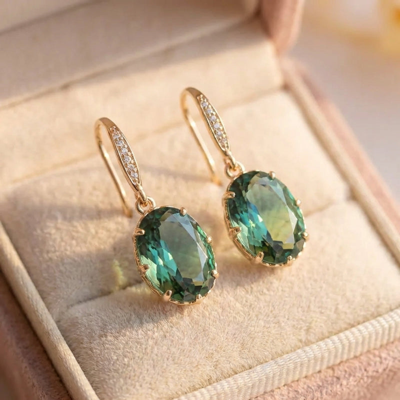 Exquisite Oval Inlaid With Blue Green Zircon Earrings
