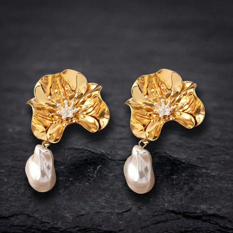 Vintage Silver Flower Pearl Earrings