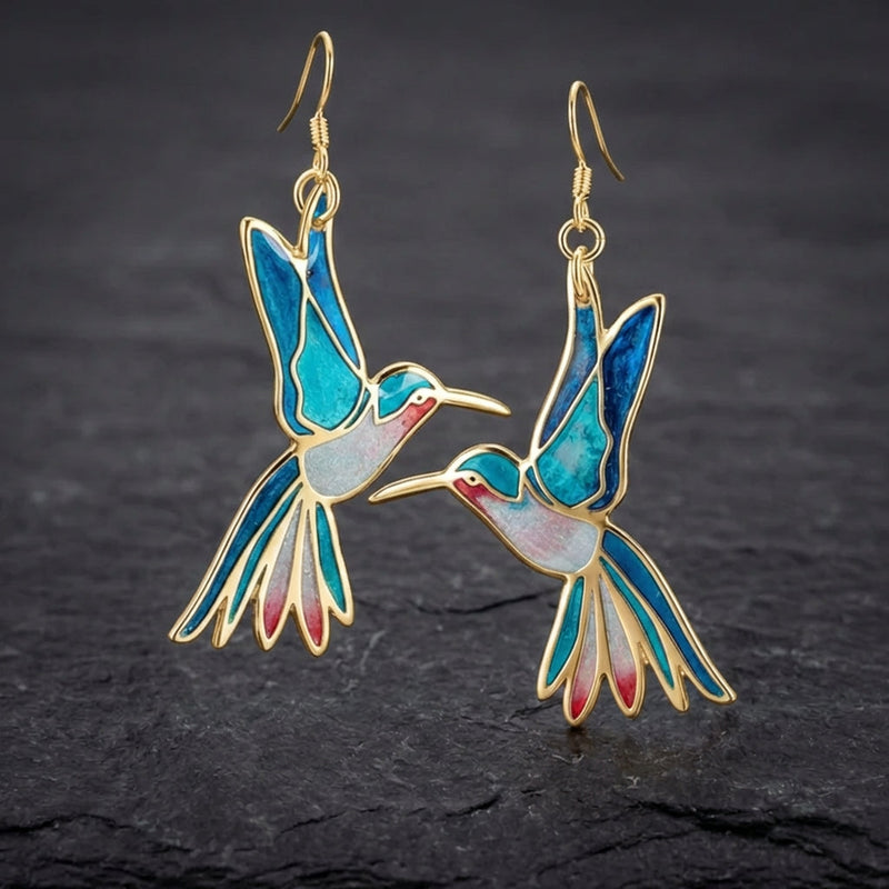 Vintage Blue Enamel Hummingbird Earrings