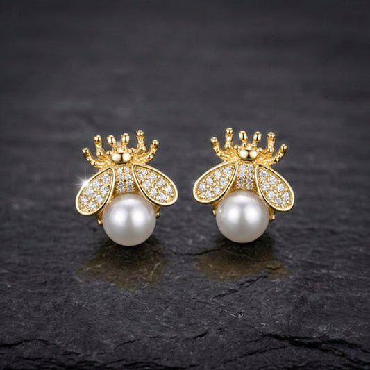 Pearl And Zirconia Bee Earrings In Gold
