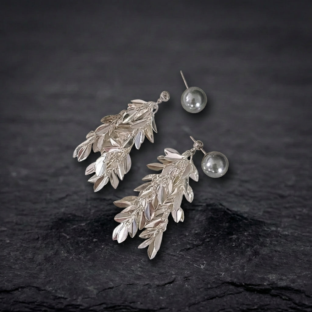 Silver Pearl Leaf Dangle Earrings