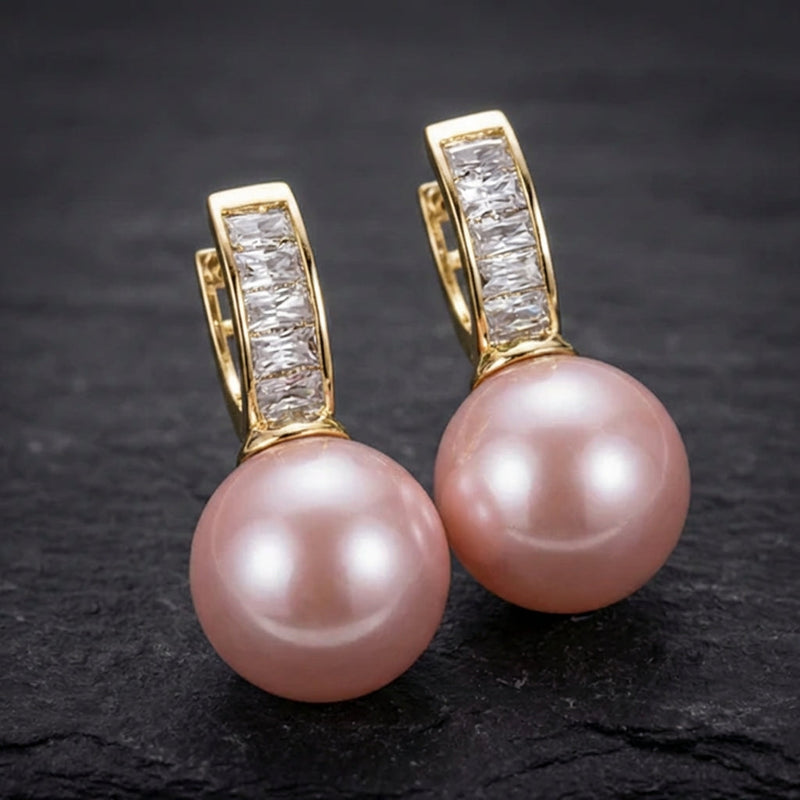 Pink Pearl Zirconia Gold Earrings