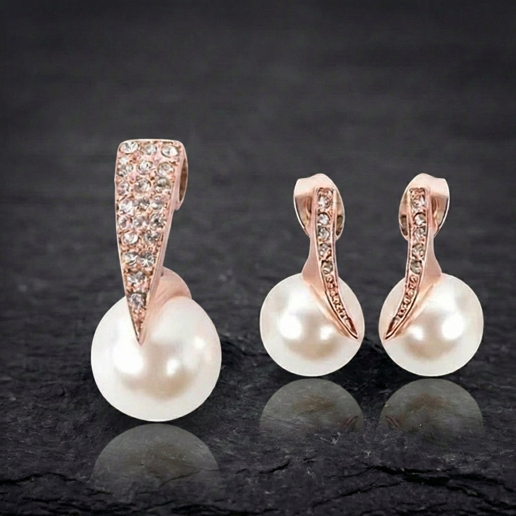 Set Necklace + Earrings With Pearls In Rose Gold