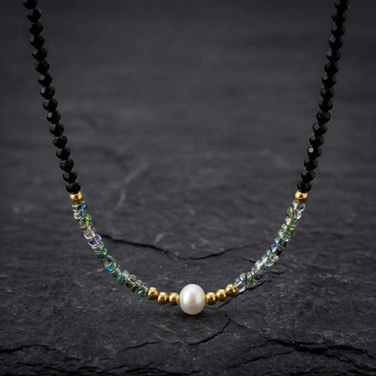 Gold & Pearl Black Bead Necklace