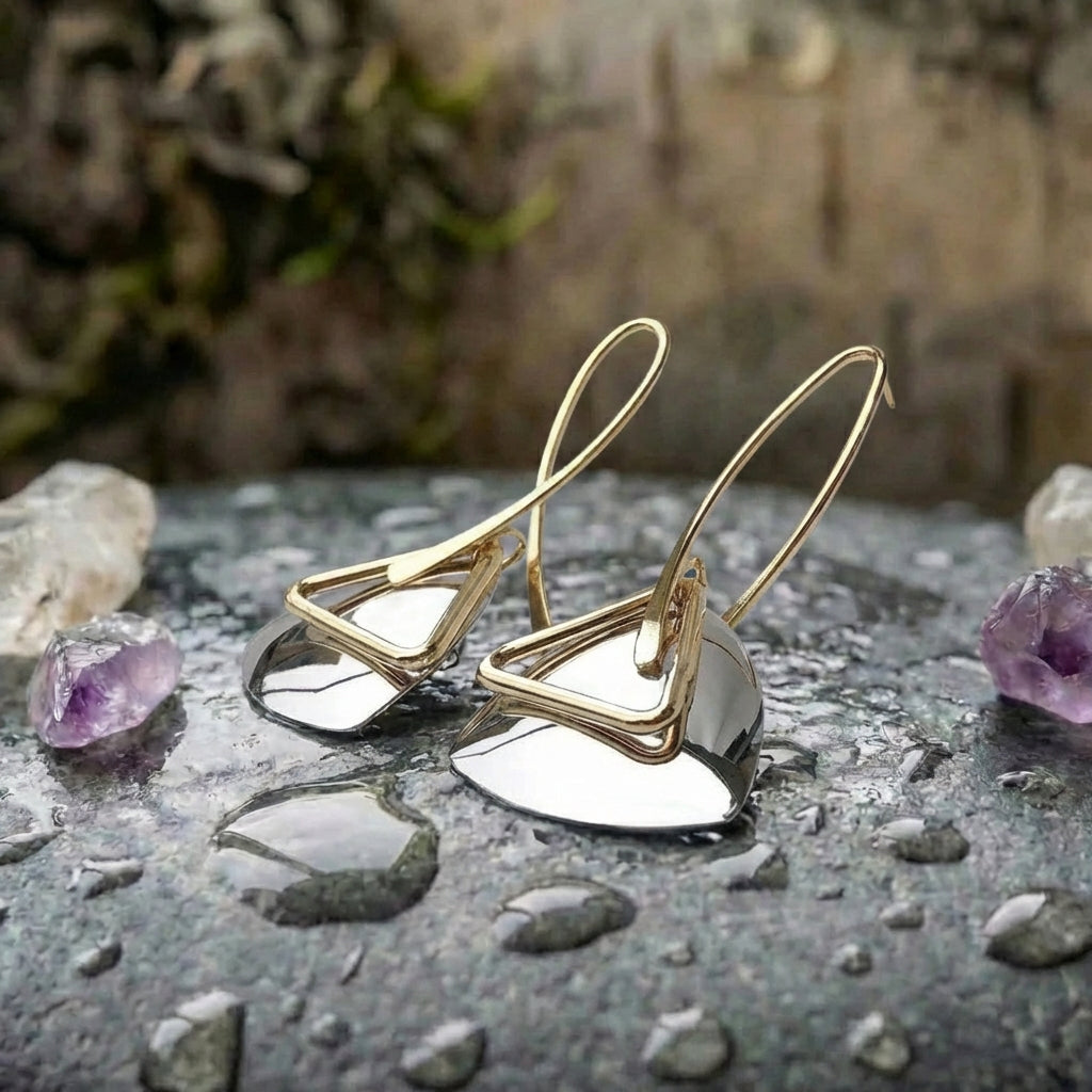 Retro Gold Triangular Silver Pendant & Curved Hook Earrings
