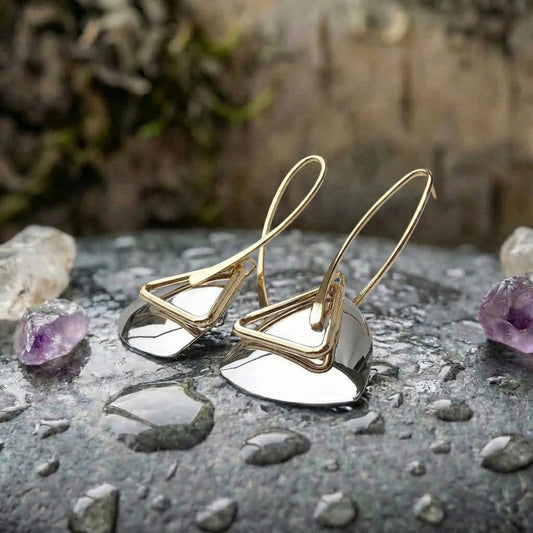 Retro Gold Triangular Silver Pendant & Curved Hook Earrings