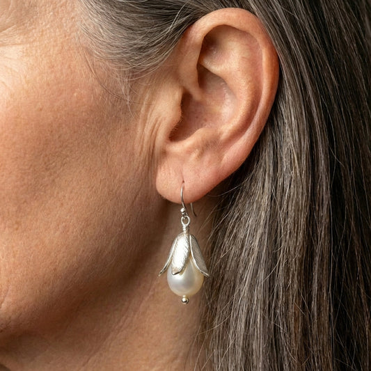 Lotus Pearl Silver Earrings