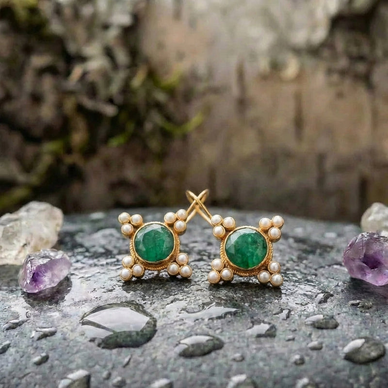 Vintage Green Crystal & Pearls Earrings
