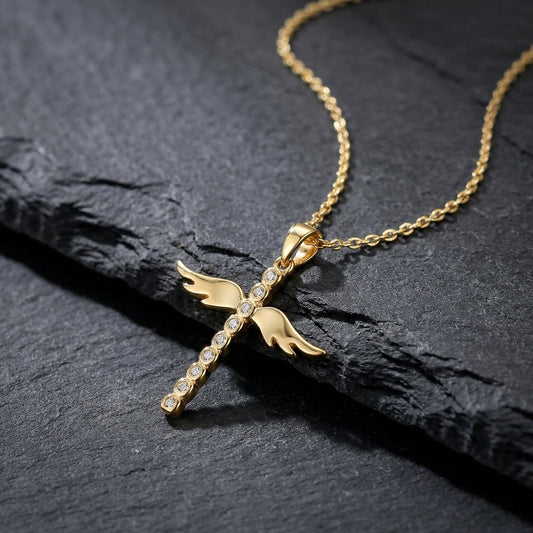 Gold Angelic Winged Cross Pendant Necklace