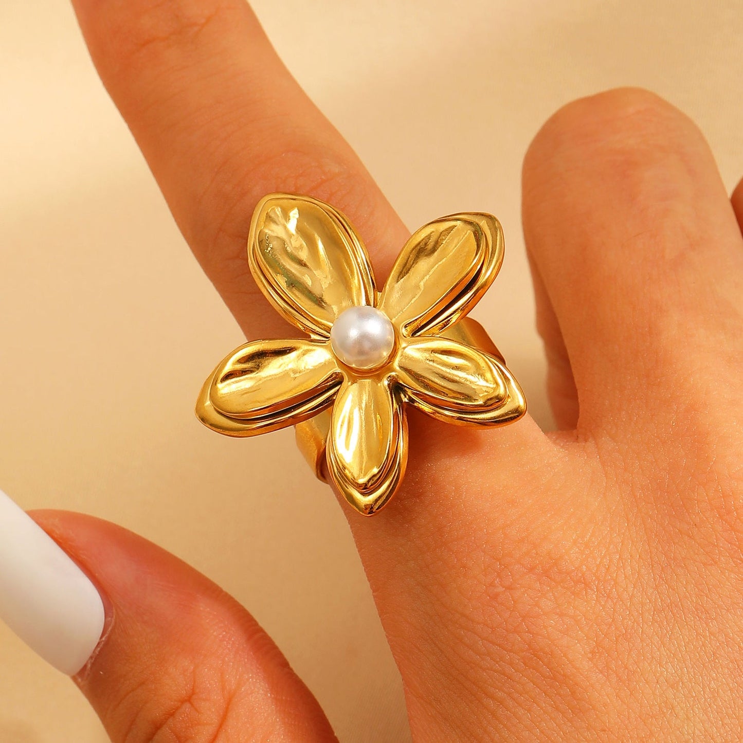 Gold Pearl Flower Ring