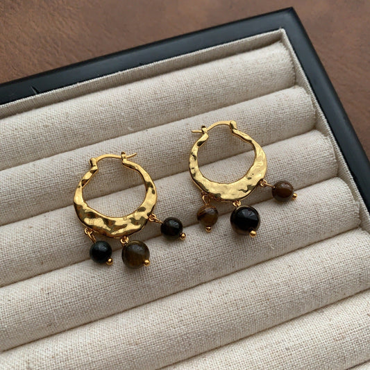 Hammered Gold Onyx Earrings