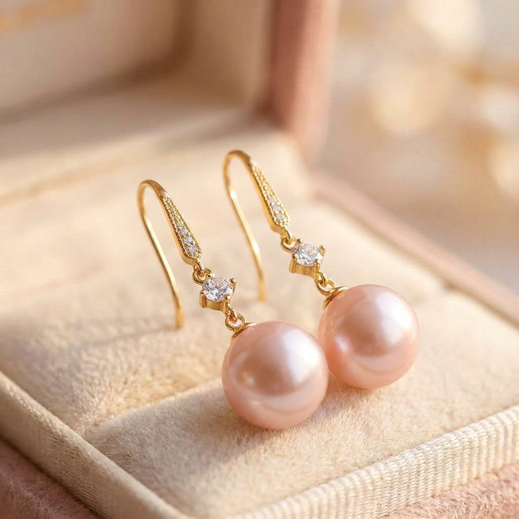 Luxury Zircon Pink Pearl Dangle Earrings