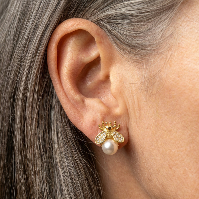 Pearl and Zirconia Bee Earrings in Gold