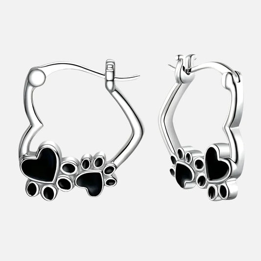 Heart Paw Huggie Earrings With Black Enamel